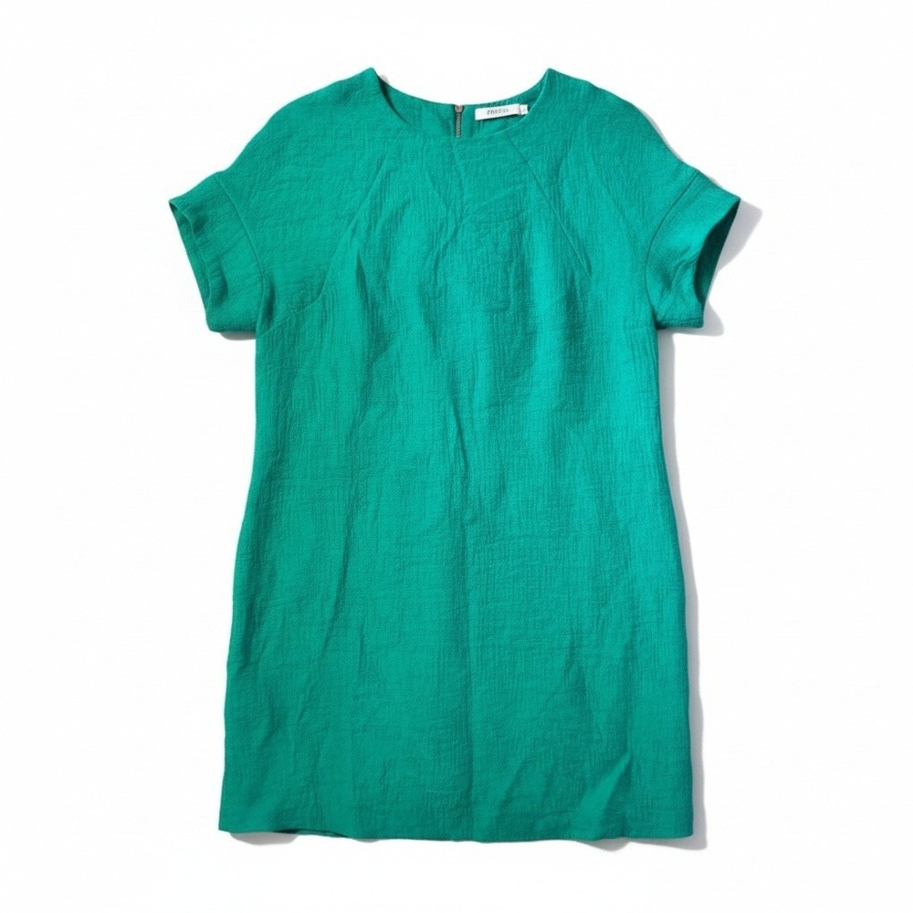 FRNCH Shift Dress M Green Crinkle Textured Pocket Short Sleeve Minimalist
